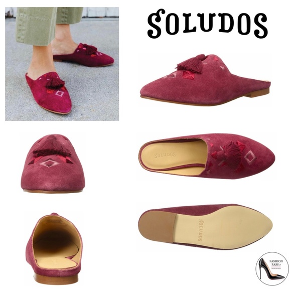 Soludos Palazzo Wine Red Suede Leather Tassel Mule Loafer Pointed Toe Flat Shoes - Picture 2 of 10